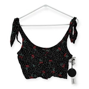 NWT Amuse Society Tank Top Womens XS Black Polka Dot Cherry Cropped Tie